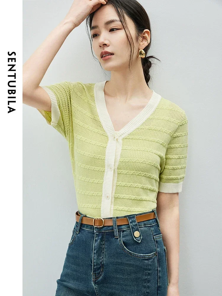 

SENTUBILA V-neck Knitted Cardigan Women Female Knitwear 2024 Summer Simple Spliced Short Sleeve Tops Woman Clothes W42H54907