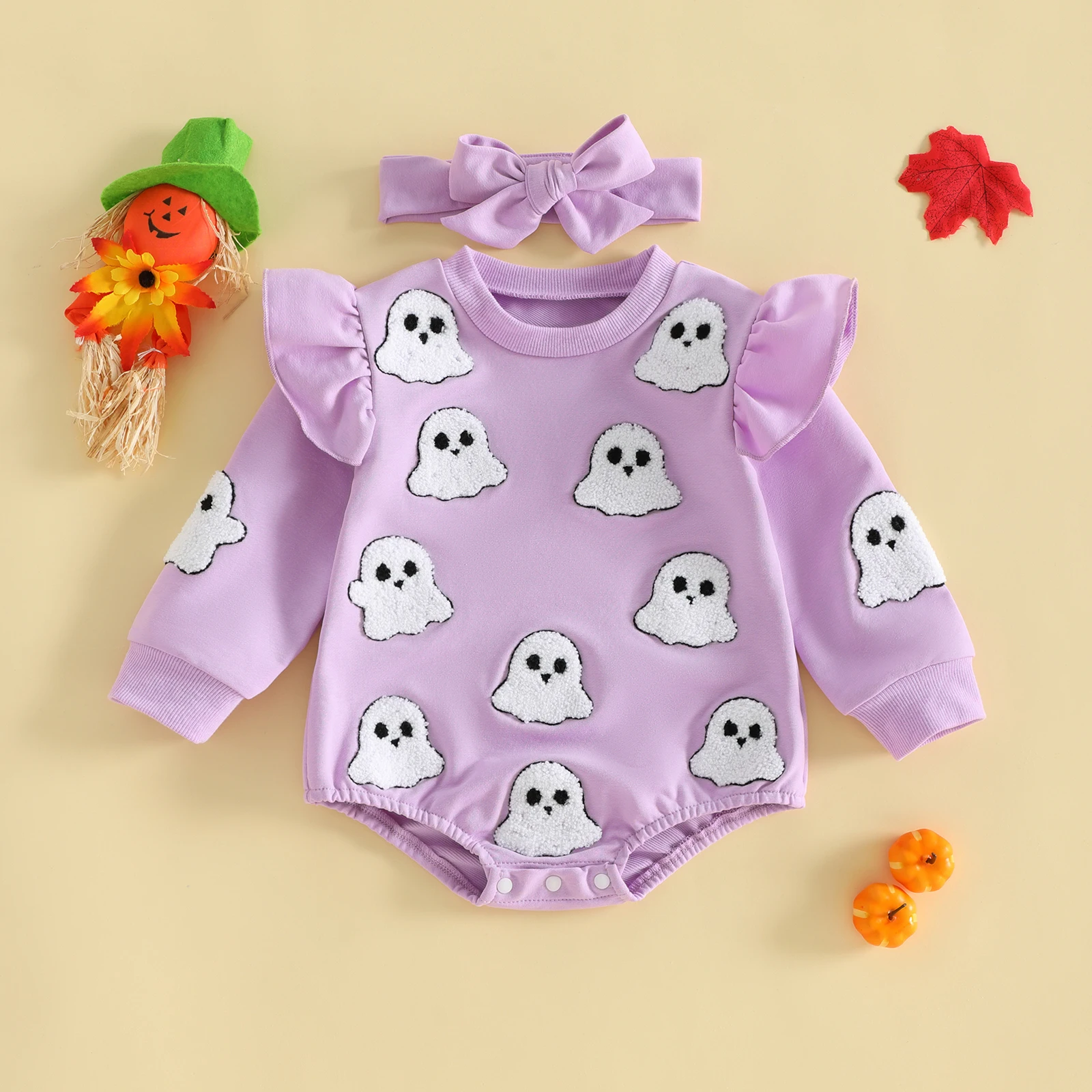 2Pcs Infant Girl Halloween Outfit Ruffle Long Sleeve Crew Neck Pumpkin Embroidery Bubble Romper Headband Set