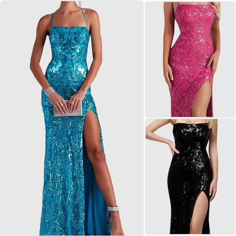 

2026 New Women Autumn Sexy Sequin Strap One Shoulder Fashion Elegant Desin Split Long Dress Evening Gown