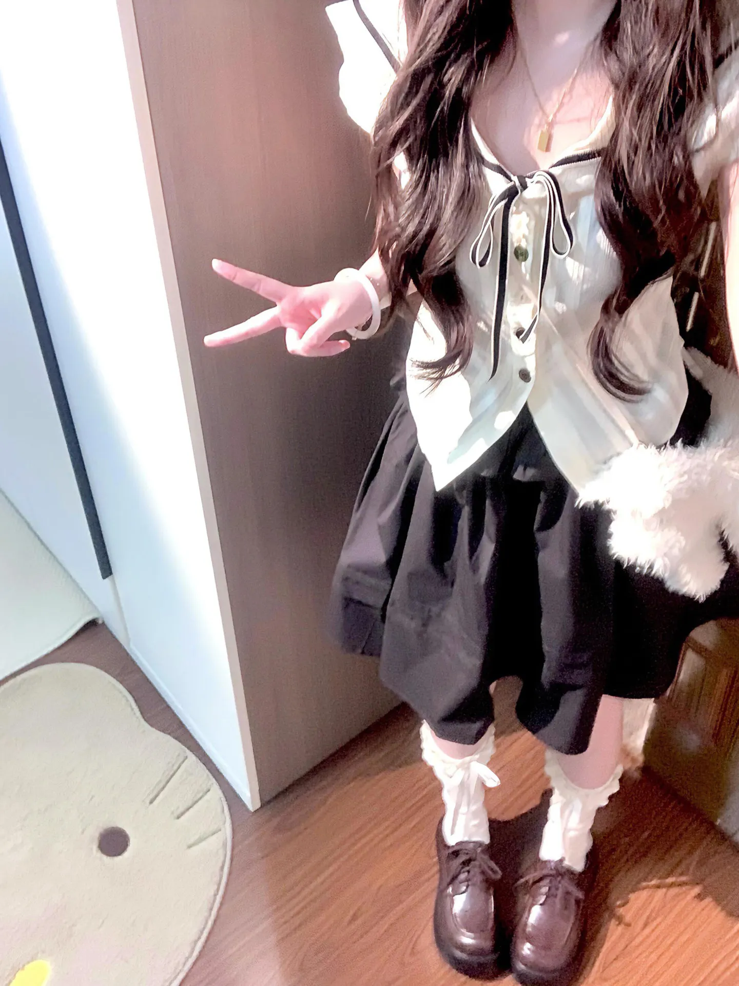 

College Style Navy Collar Waist Cinched Shirt Women's Beautiful Early Summer Set High Waist Fluffy Half Skirt Two Piece Set
