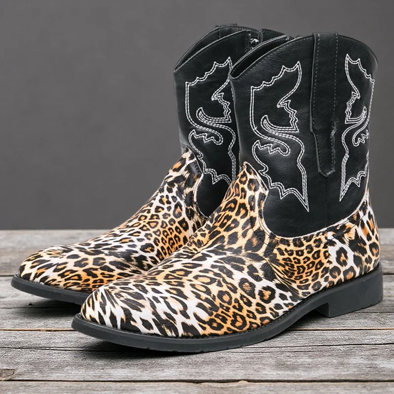 

Retro Leopard Men's Boots Large Size 46 Western Cowboy Boots For Man Autumn Winter Leather Boots Man Zip Pointed Ankle Boots Men