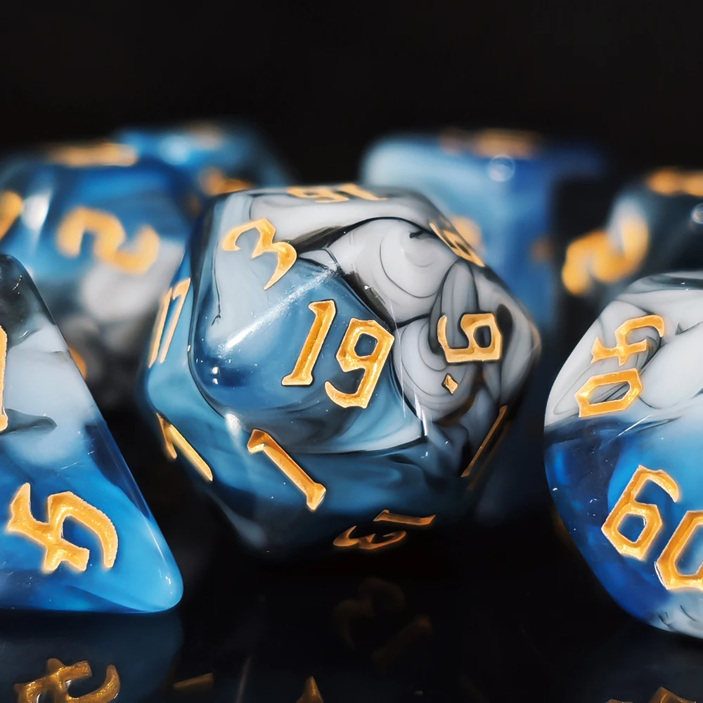 Hot Sale 7Pcs Blue White Grey Swirl Polyhedral Dice Set with Gold Number, Complete D4-D20 DND Dice Kit for RPG MTG Tabletop Game