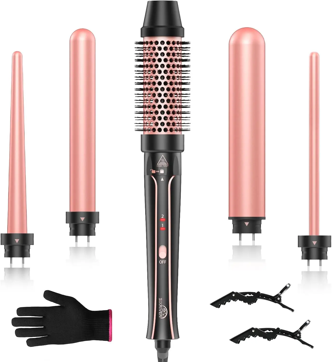

5-in-1 Ceramic Curling Wand Set with Thermal Brush, Fast Heating for Long-Lasting Curls, Includes Glove & Clips