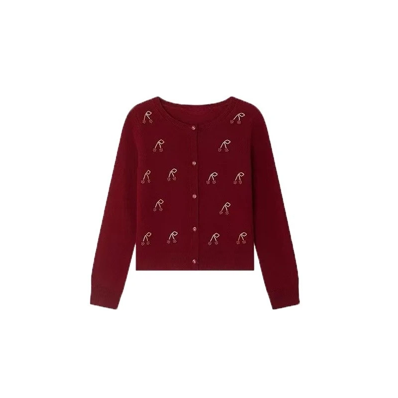 All-wool Hand-stitched Bow Knitted Children's Cardigan2025 Autumn and Winter Girls' Red Sweater