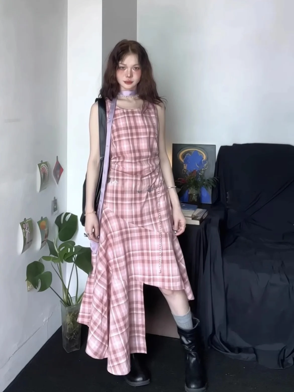 

Keni plus Size Polka Dot Vest Dress Women Summer Slightly Plump MM Pink Elegant Asymmetrical Long Dress Commute Style High Wa...
