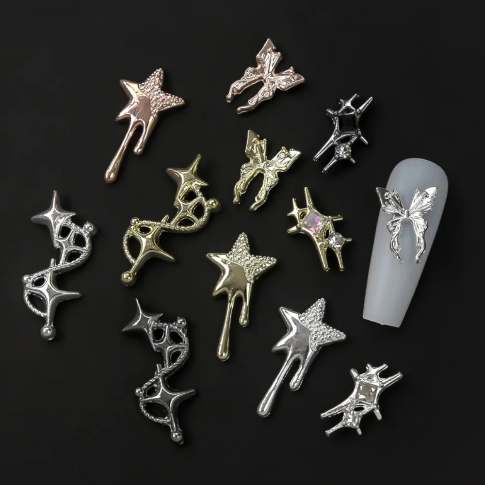 10Pcs 3D Star Alloy Rhinestone Nail Art Charms Gold/Silver Shiny Glitter Diamond Press on Nails Manicure DIY Decorations