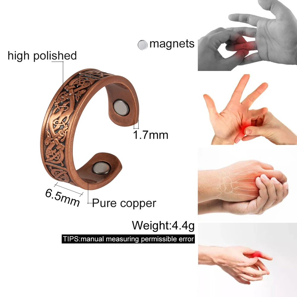 Vinterly Pure Copper Magnetic Rings Men Viking Vintage 6.5mm Health Energy Finger Cuff Adjustable Jewelry High Magnet Resizable
