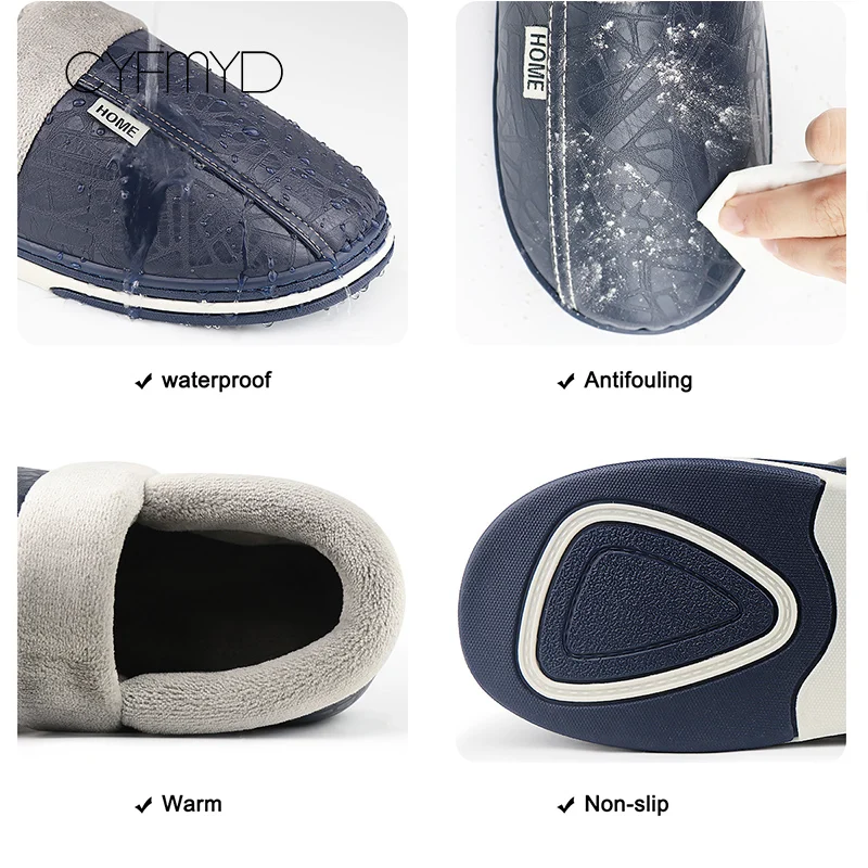 Warm Home Slippers for Men Massage Memory Foam Winter Household Slippers for Male Indoor Shoes Leather Non-Slip Plus Size 50 51