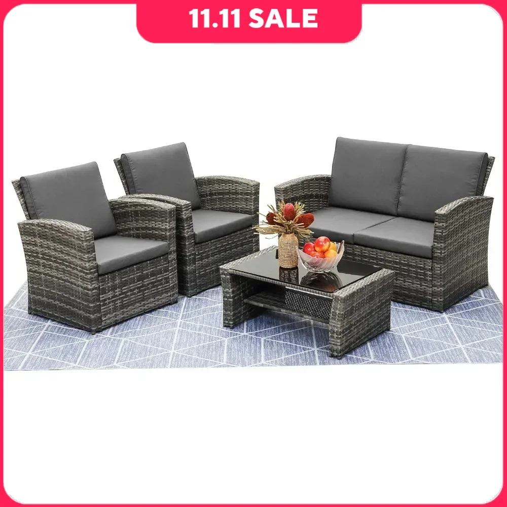 

4 Piece Outdoor Patio Furniture Sets, Wicker Conversation Sets, Rattan Sofa Chair with Cushion for Backyard Lawn Garden, Sofas