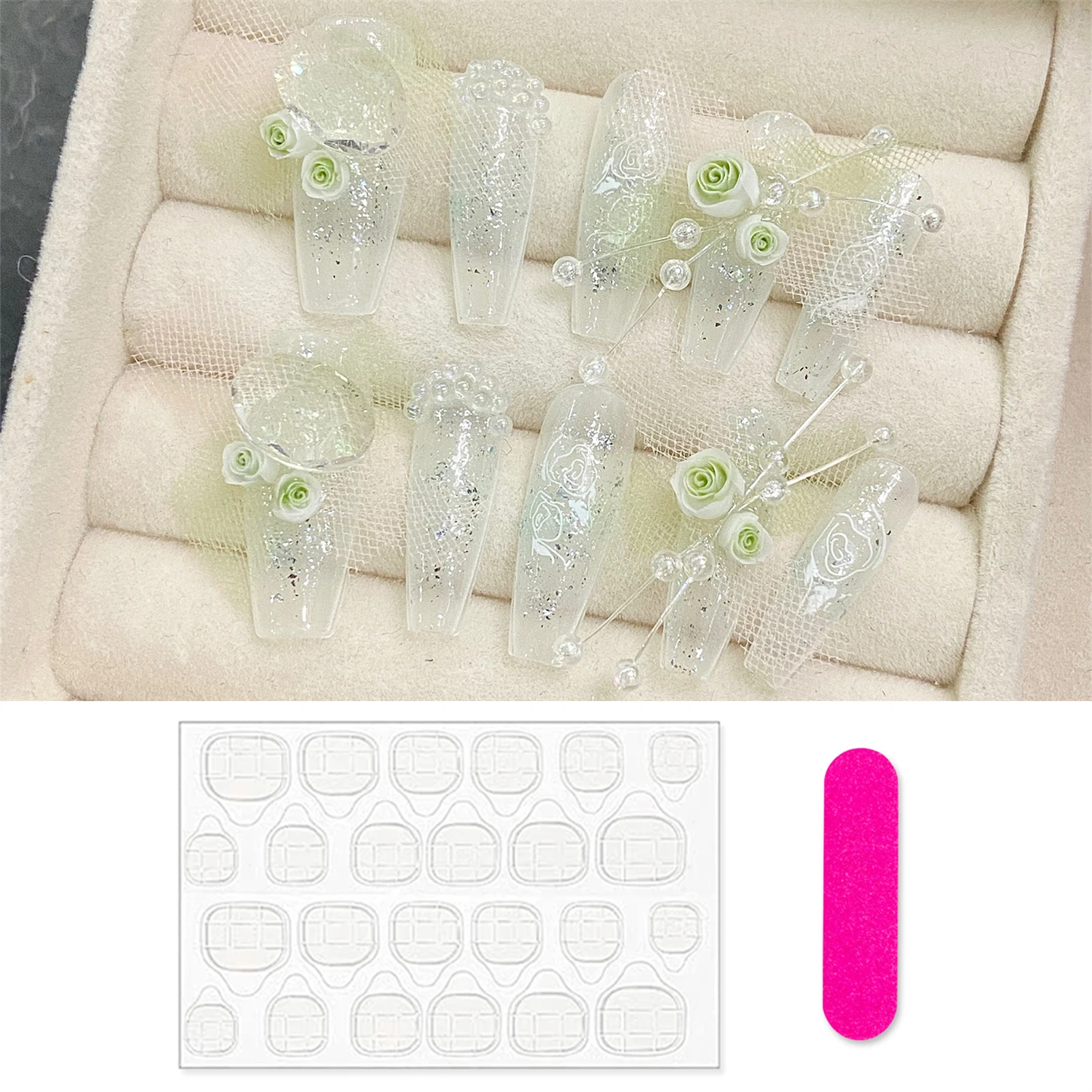 Clear Fake Nails with Mesh Decor Natural-looking Easy to Take on and Apply for Shopping Traveling Dating