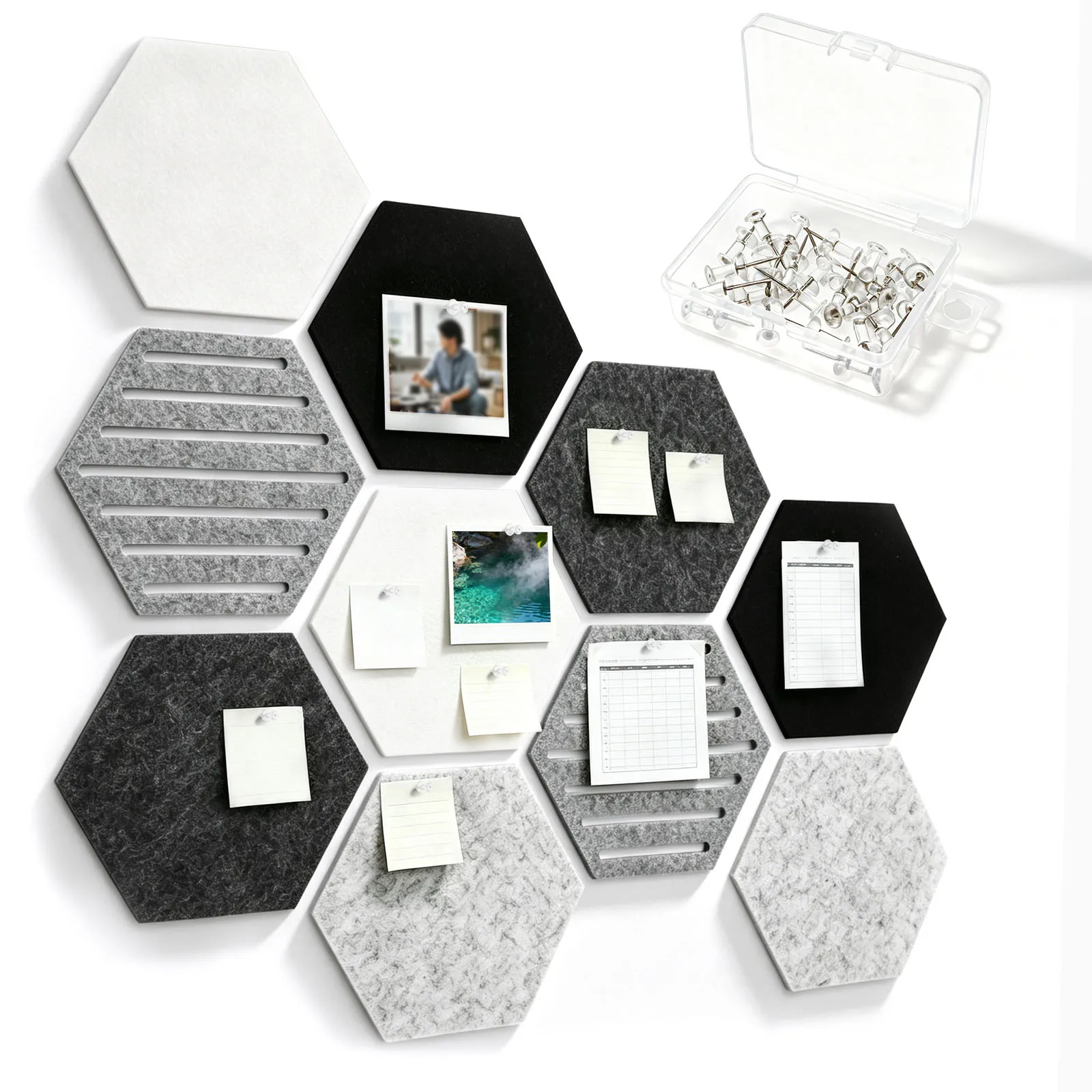 10Pcs Hexagonal Felt Notice Boards Self-adhesive Hexagon Cork Board Alternative Decorative Geometric Felt Tiles Set with 30 Pins