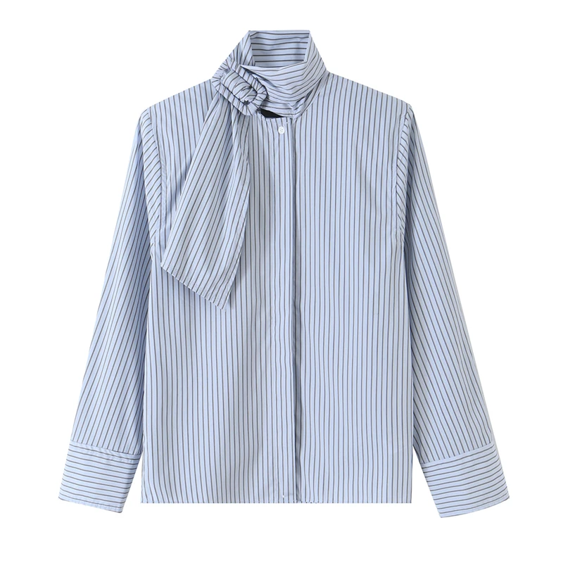 Guobioziy 2026 Spring Autumn Women Striped Office Blouse Self Neck Tie Detail Long Sleeve Turn‑Up Cuff Minimalist Daily Wear Top