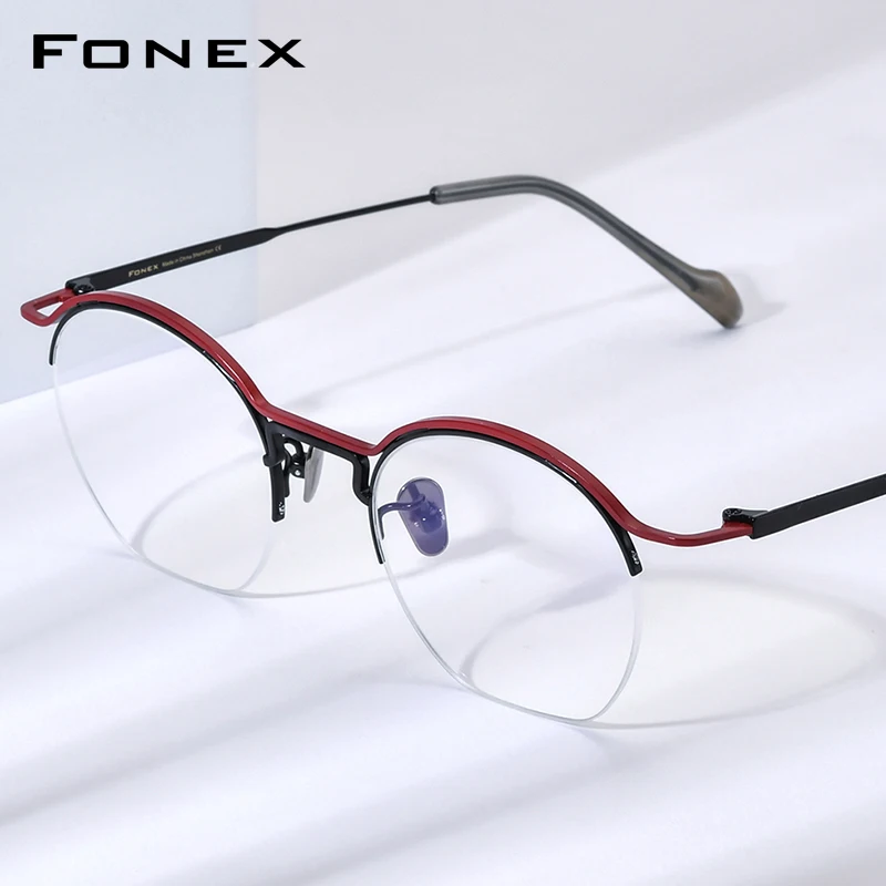 FONEX Titanium Glasses Frame Women Brand Design Semi-Rimless Round Eyeglasses Men Japanese Ultralight Half-Rim Eyewear 90035