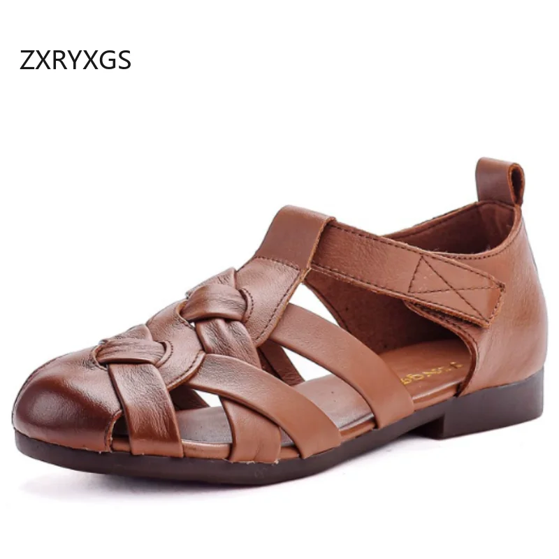 ZXRYXGS Summer Premium Soft Cowhide Women's Sandals 2026 Round Toe  Genuine Leather Hollow Fashion Sandals Comfort Flat Sandals