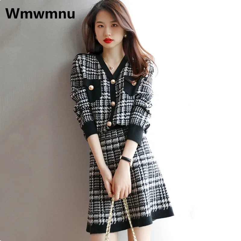 Korean Houndstooth Knitted Skirts 2 Piece Set V-neck Long Sleeve Coats Conjuntos Women Elegant Short Faldas Outfits Spring Suits