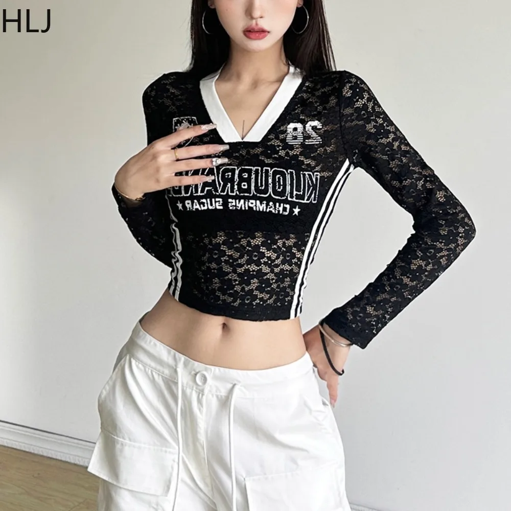 HLJ Sexy dentelle voir si deux pièces ensemble pour femmes lettre imprimer à manches longues haut court et pantalon costumes femme Streetwear printemps nouveau