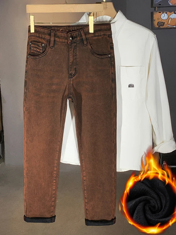 

High-End Fce-Lined Thi Denim Jeans Men's Vintage Straight Leg Slim Fit Autumn Winter Warm Thi Casual Pants