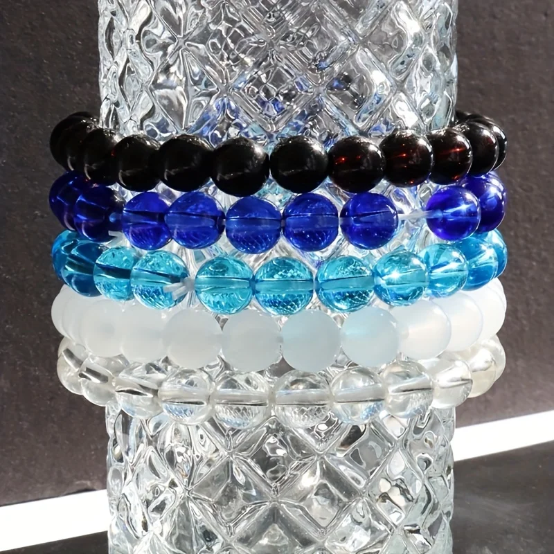 5pcs Set Blue White Black 8mm Clear Glass Bead Bracelet Summer Clothing Accessories Fashion Men Bracelet