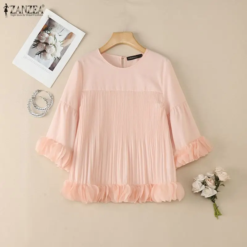 

ZANZEA Women Blouse Fashion 3/4 Sleeve Solid Pleated Ruffled Shirts 2026 Summer Casual Elegant Office Lady Blusas Stylish Tops