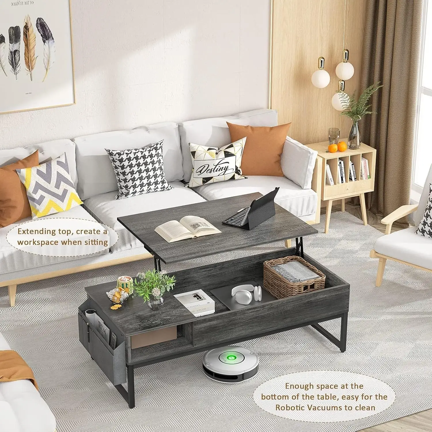 Lift Top Coffee Table with Storage, Wood Lifting Top Central Table Metal Frame, Modern Pop up Adjustable Table for Living Room