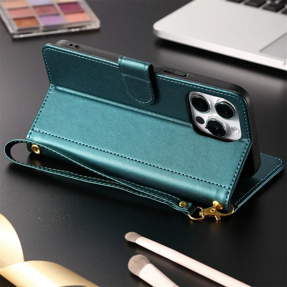 Custodia in pelle di lusso per iPhone 15 14 13 12 11 Pro Xs Max XR X 8 7 6s Plus SE 2020 2022 cordino Flip Wallet Book Case Cover Funda