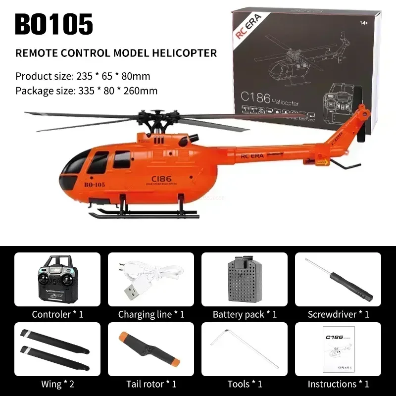 Controle Remoto de Aviação Helicóptero Modelo Brinquedo, Quatro Canais, única Hélice Aeronaves Simulação, BO105, RC Brinquedo, Kid Presente, C186, Novo