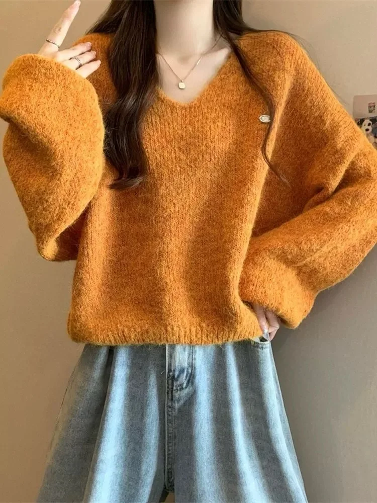 

Loose Long Sve V-Ne Knitwear Women's Sle Korean Pure Desire Faion oulder-Length Autumn New Casual Slimming Sweater