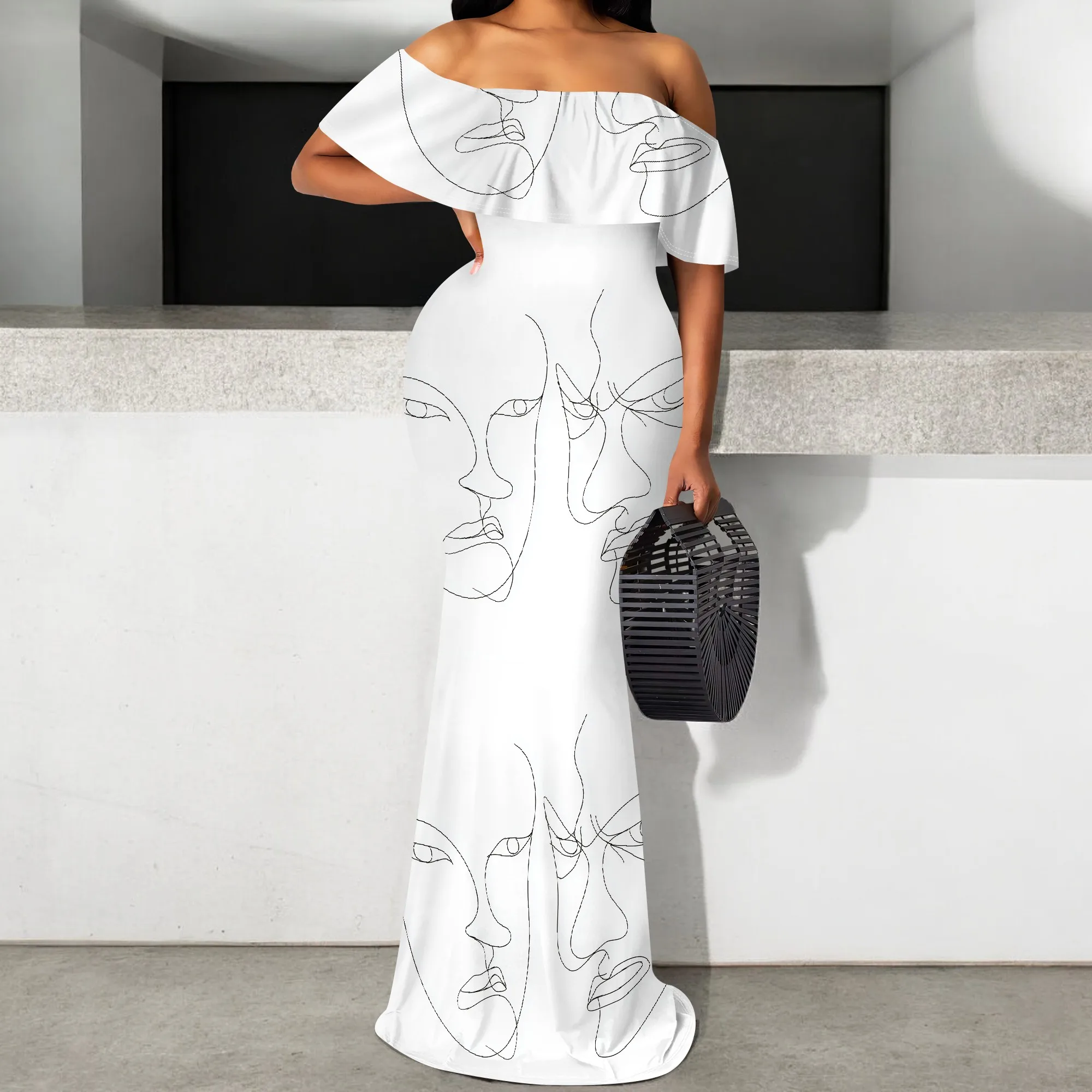 

Women's One Line Art Print Maxi Dress - Off Shoulder Fishtail Plus Size S-3XL - Artistic Gala & Evening Party Dress