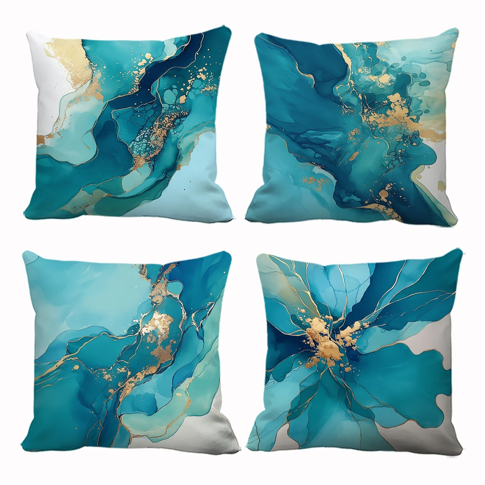 [JIT] Juego  4 fundas  almohada  un solo lado 2D Arte Abstracto Morno Textura Fluida Azul y Ver Decoración Dorada Fund