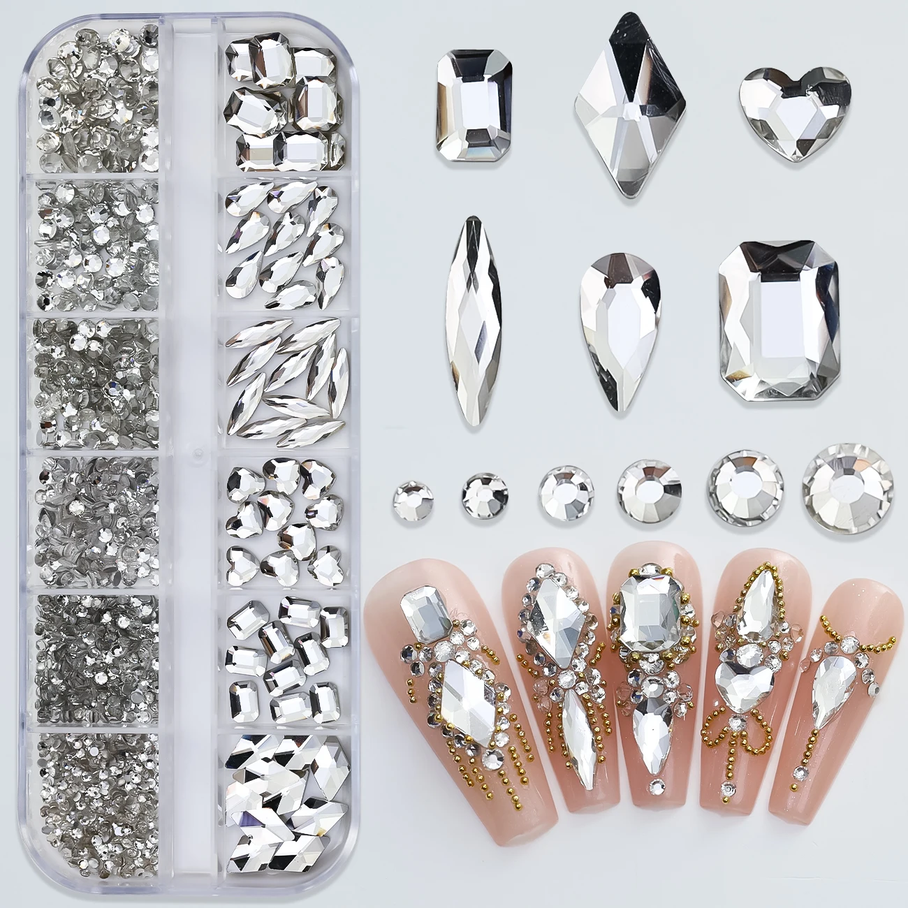 Strass pour ongles en cristal de forme mixte, 12 grilles, brillant, dos plat, diamant, pierre de verre, gemmes, breloque pour ongles, décoration pour Nail Art à faire soi-même