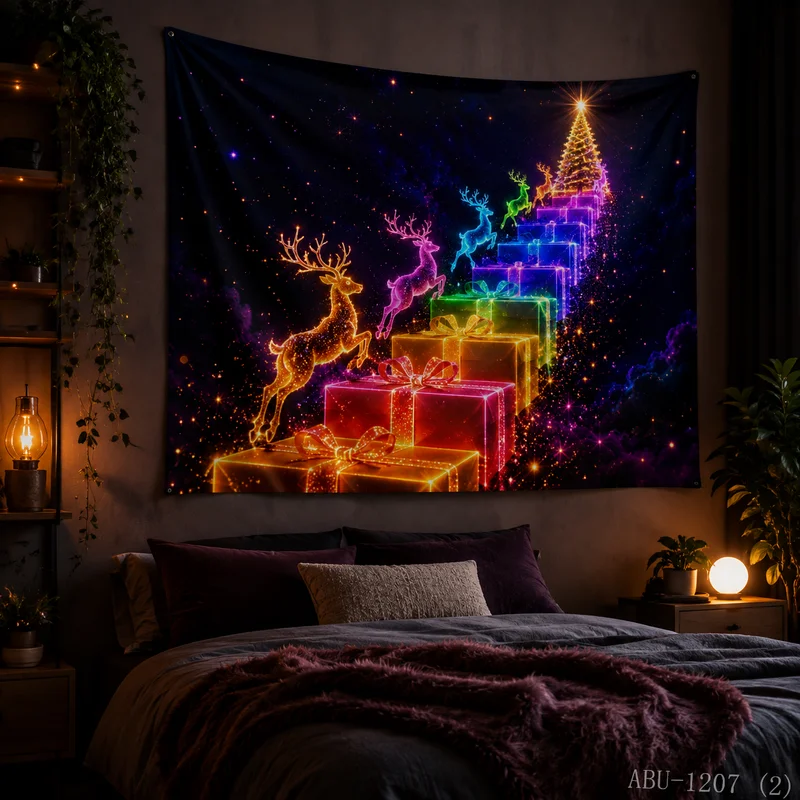 VIKAMA Rainbow Light Effect Deer Ladder Gift Box Starry Sky Christmas Tree Tapestry, HD Fabric, Colorful Ladder Festive Art