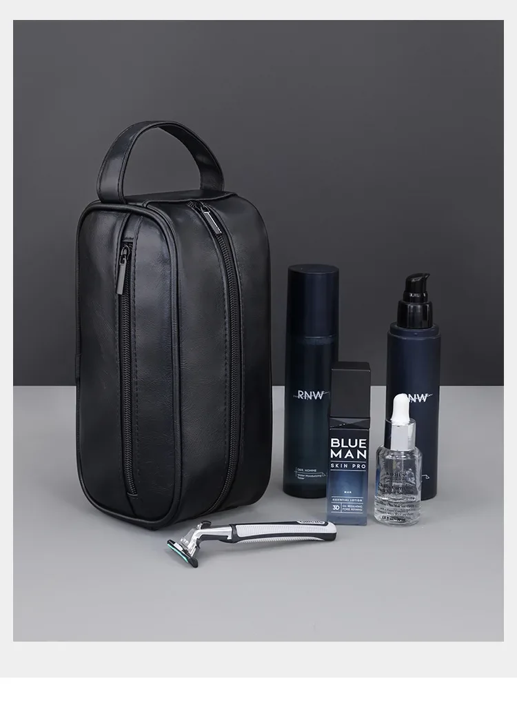 Kulturbeutel aus Leder für Herren, für Reisen, Geschäftsreisen, tragbare Kosmetiktasche, großes Fassungsvermögen, mehrere Taschen, handgehaltener Kulturbeutel aus Leder – Detail 12