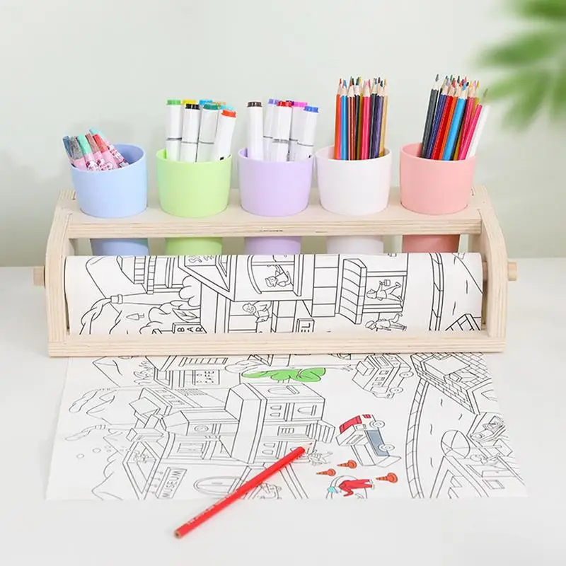 Drawing Paper Roll Holder Art Painting Paper Roll Stand With Pencil Holder Cups Wooden Parchment Dispenser Kids Drawing Supplies