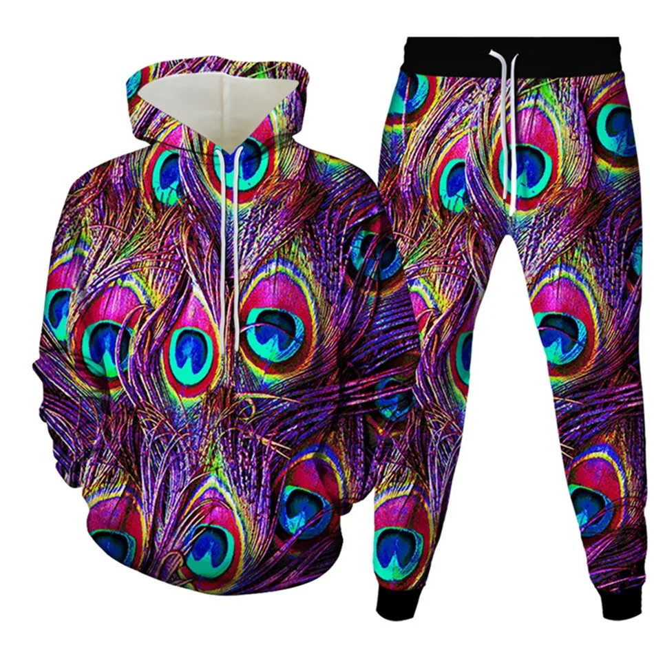 Autumn/Winter Hoodies Set Color Animal Peacock Feather Pattern 3D Print Men Clothing 2 Pieces Sweatpants Oversize High-quality