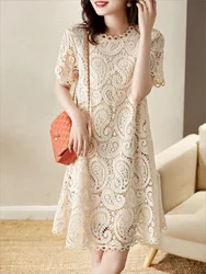 2026summer Slimming short sleeve French Vintage Casual Lace Dress O Neck Hollow Fashion Embroidery A-word dress