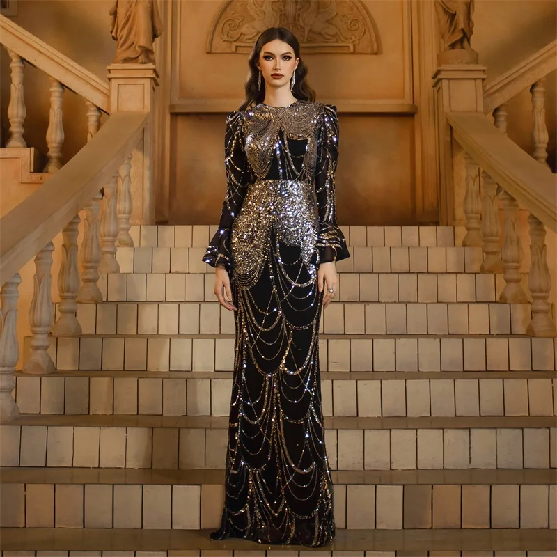 

Sequins Flare Sleeve Women's Autumn Evening Dress O-Neck Zipper Sheath Slim Bandage Gown Black High Waist Party Skirt New Design