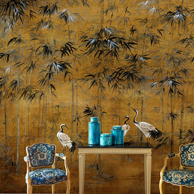 

Custom 3d wallpaper mural bamboo leaf crane study tea room bedroom sofa background wall papel de parede home decor