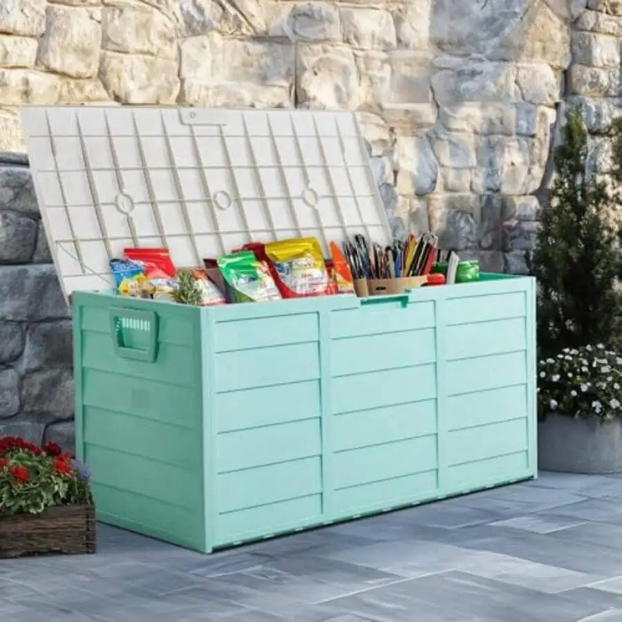 75 Gallon Outdoor Storage Box, Waterproof Deck Box With Lockable LidWheels, Easy-Open Outdoor Storage Bench With Handles For Gar