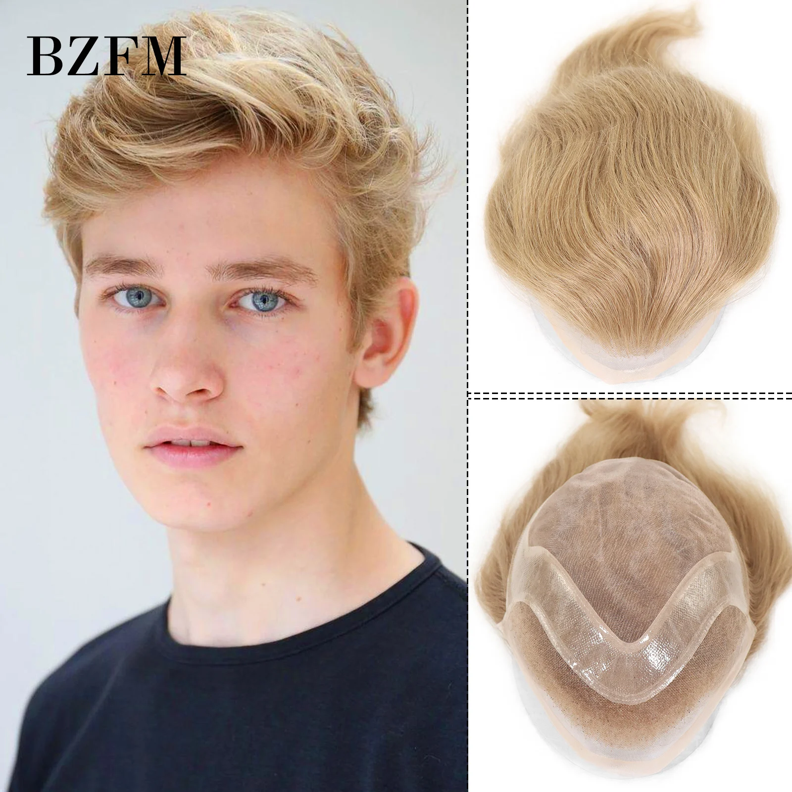 #21 Honey Blonde Fashion Human Hair Men Toupee Mono Lace PU Base Toupee For Men 6 Inch Short Back Straight Human Hair Mens Wig