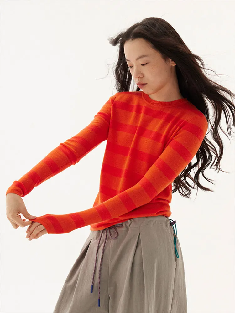 Orange Stripe Knitted round Neck Women's T-shirt Slim Fit Base Layer Shirt Spring Season French Style Commute Daily Wear