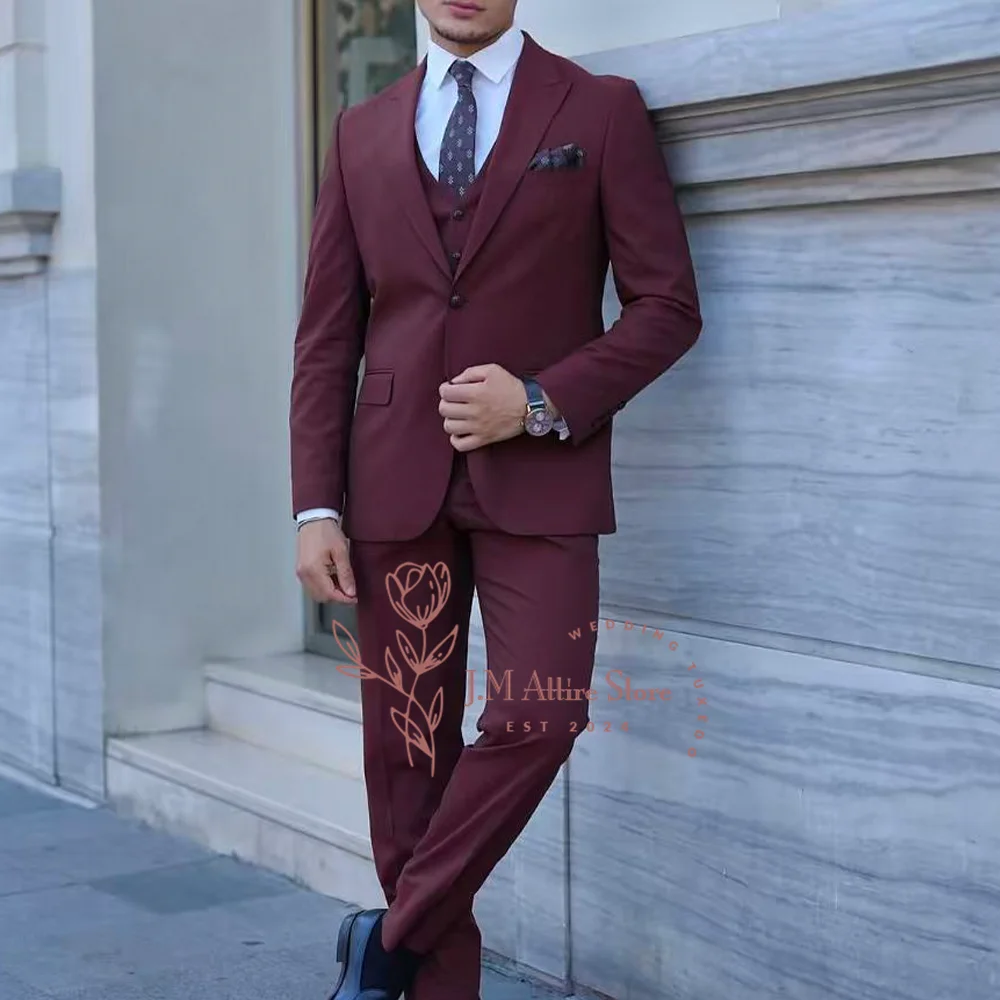بدلة رسمية للرجال باللون العنابي مكونة من 3 قطع سترة ذات طية صدر السترة بنطلون مصنوع خصيصًا لحفلات الزفاف والعريس وحفلات التخرج #3