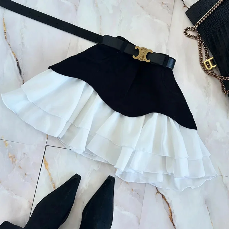 Fashion Women Patchwork Pleated Skirt Retro Khaki Low Waisted Mini Skirt Harajuku Y2K Kawaii Streetwear 2025 Denim Skirt