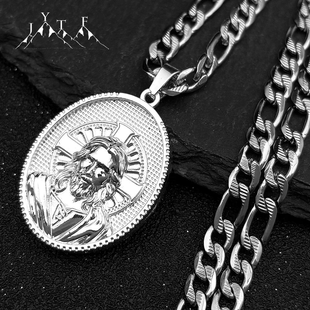 Jesus Cross Christian Medal Pendant Necklace for Women Men Silver Color Stainless Steel Crucifix Hip Hop Chain Jewelry collar