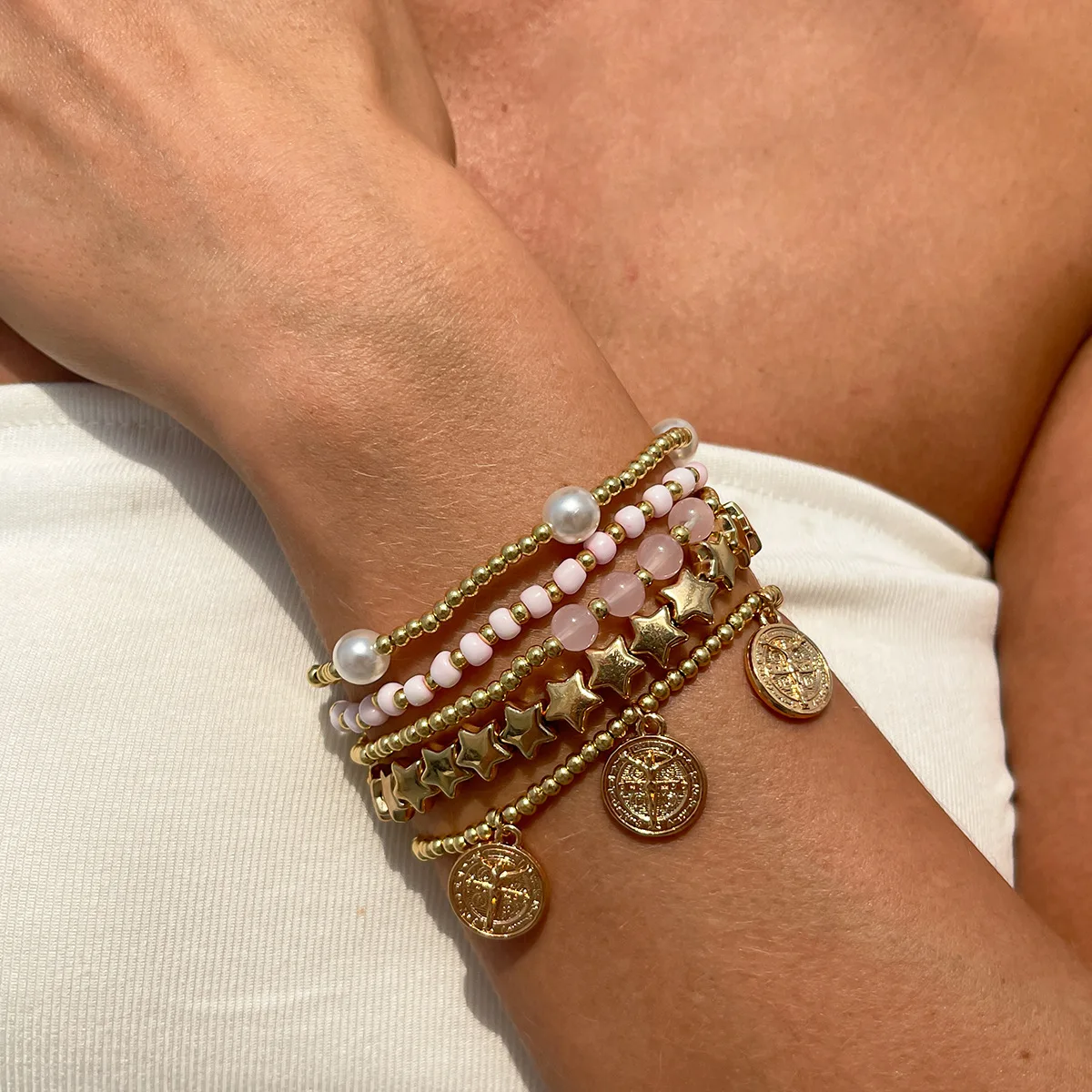 Retro Round Carved Pendant Bracelet 2025 Multi Layer Gold Color Star Round Bead Elastic Thread Woven Girls' Fashion Jewelry