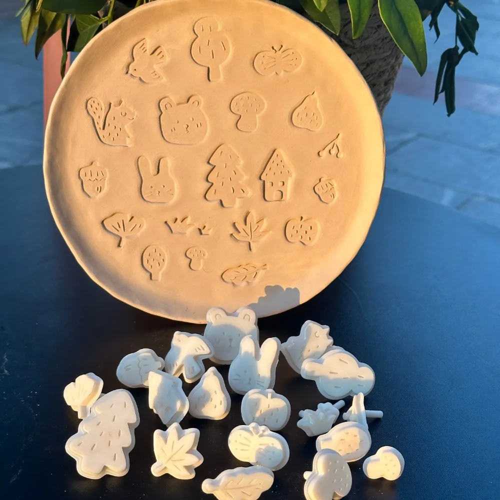 Autumn Forest Theme Clay Seal Stamp Mold, Handmade Ceramic Animals Plants Butterflies DIY Pottery Polymer Clay Stamping Tool