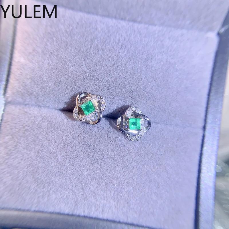 YULEM 925 Silver New Women's Earrings Natural Emerald Earrings Women's Jewelry Natural Stone Stud Earrings 3x3mm Sauare Cut