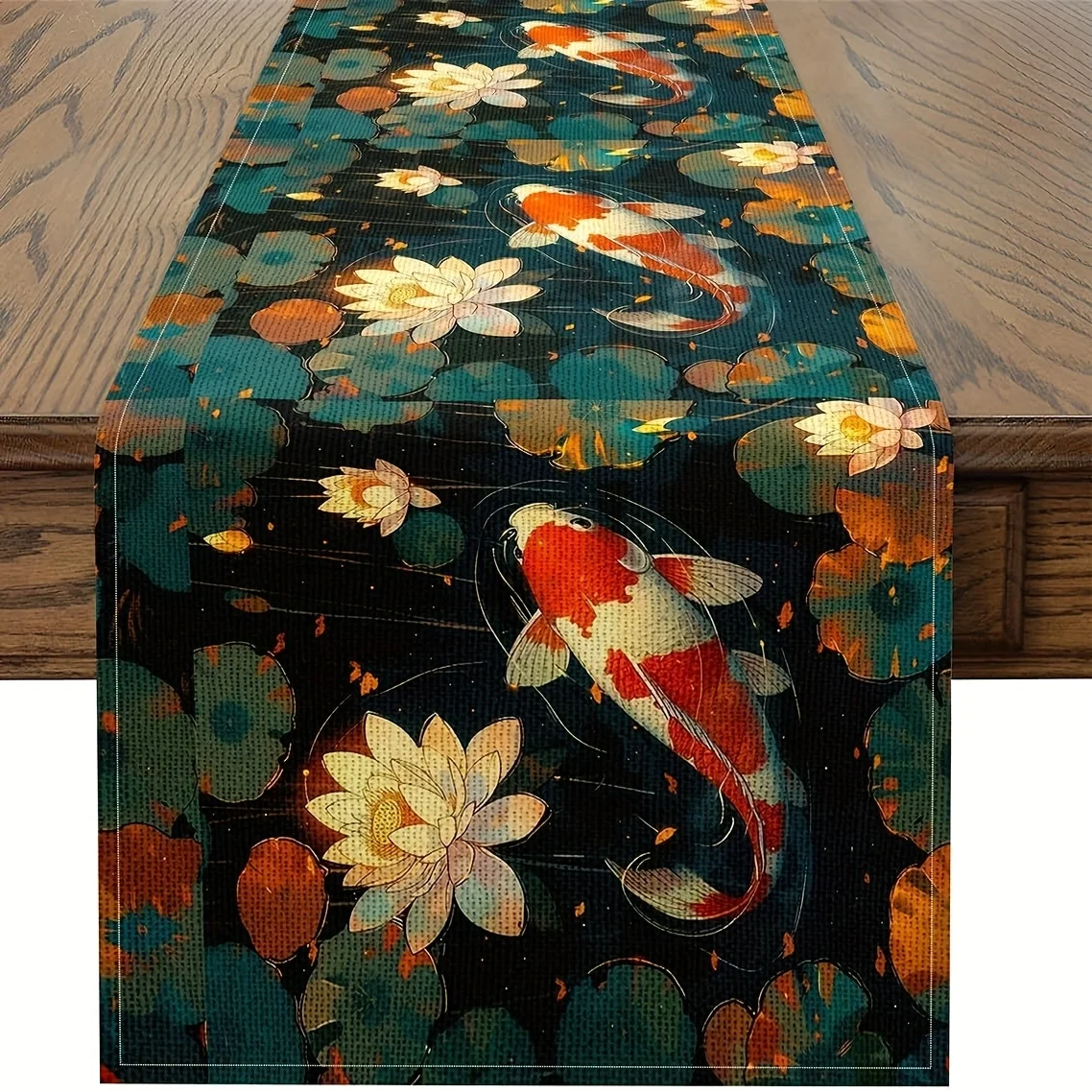 1 Piece Lotus Koi Table Runner, Suitable for Farmhouse, Indoor, Kitchen, Celebrations, Table Decoration, Restaurant and Banquet Decoration Supplies