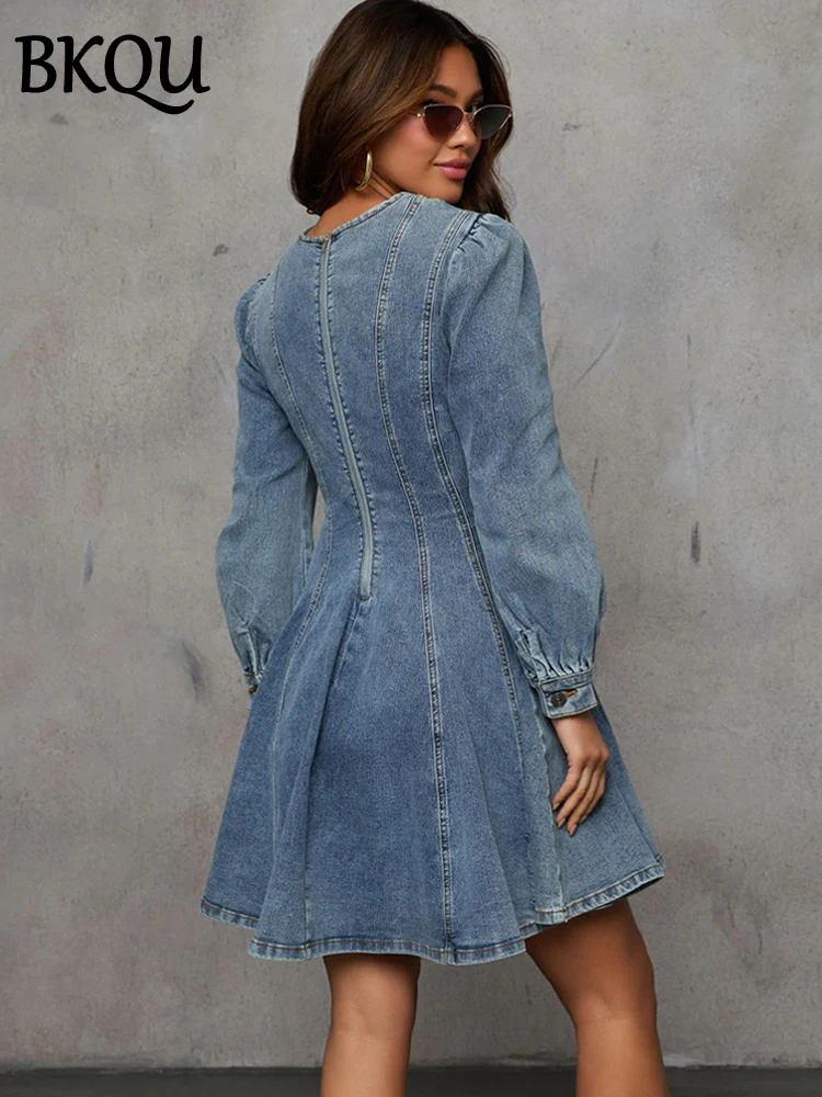 BKQU A-Line Mini Denim Dress Women's Clothing Autumn High Waist Casual Round Neck Long Sleeve Zip Short Vestidos Chic 2024 Dress