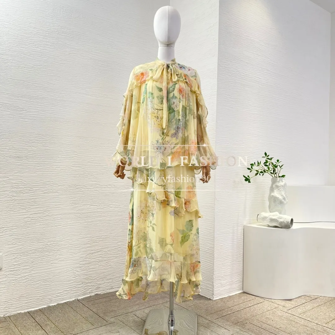 

High Quality Yellow Floral Print Long Sleeve Blouse Tops and Midi Irregular Hem Skirt Set