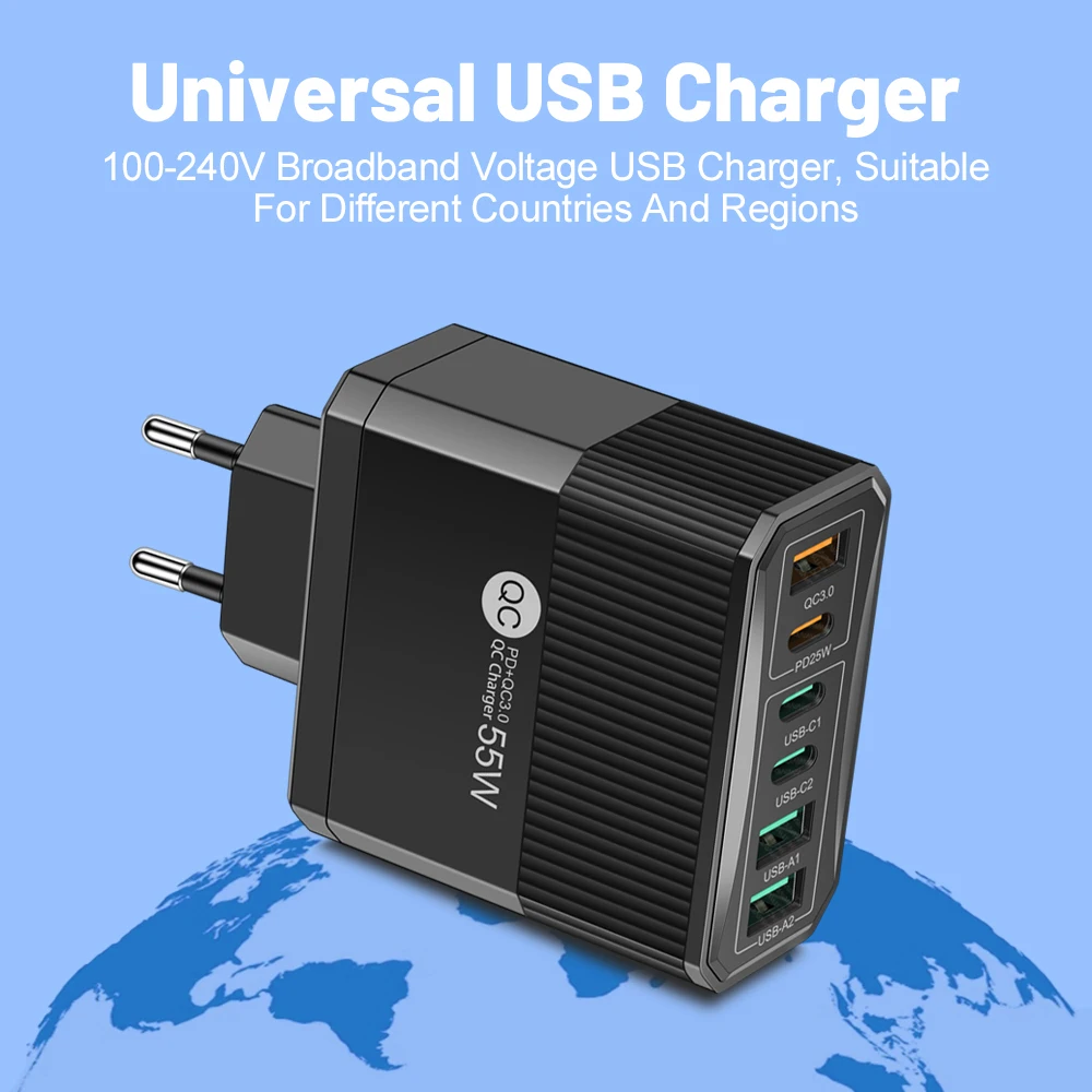 USB 55W Charger 6 Ports PD Quick Charge 3.0 Travel Charger Wall Adapter for Samsung A23 S23 iPhone 15 Xiaomi 14 US/EU/KR/UK plug